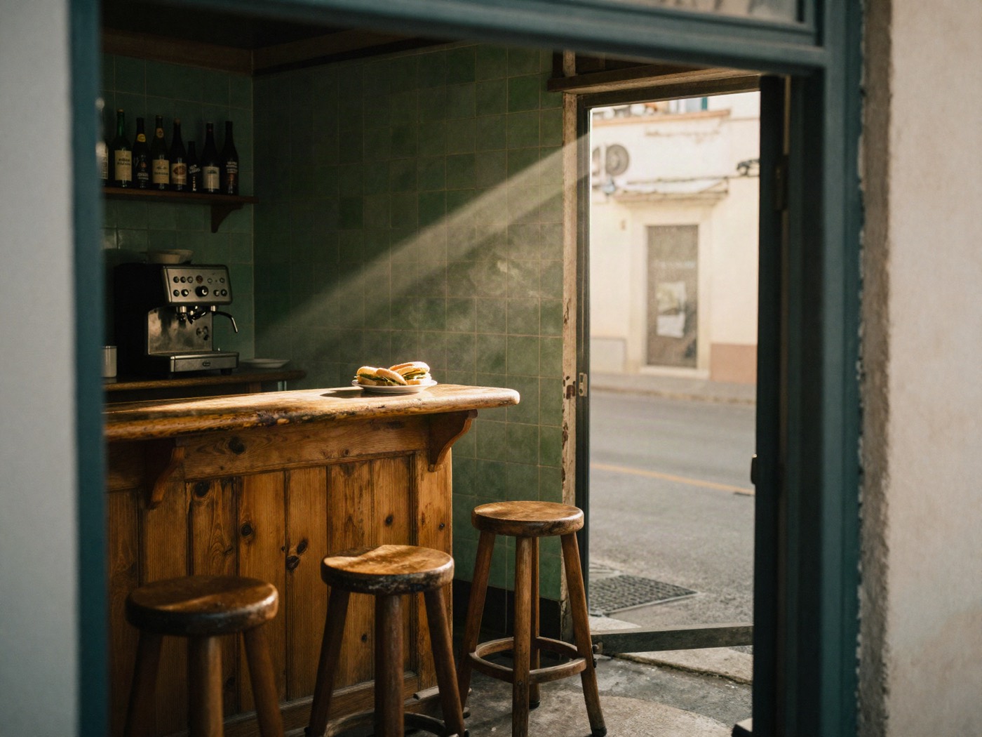 Barra de madera con azulejos verdes y taburetes, con luz de mañana entrando por la puerta