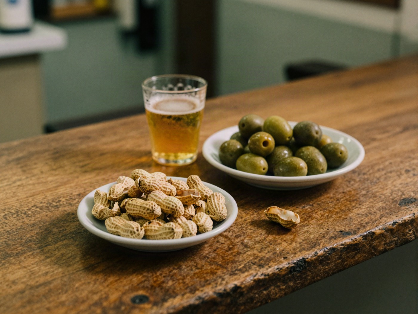 Cacahuetes, olivas y una caña sobre una mesa de madera