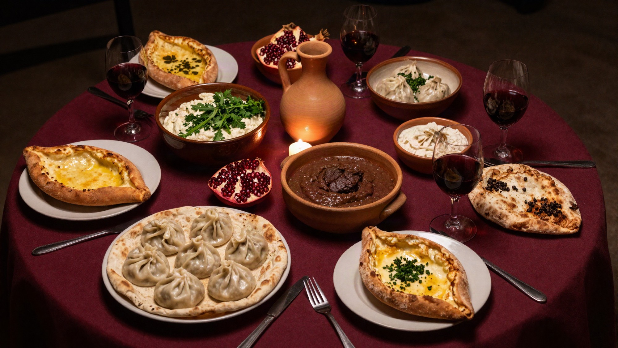Mesa georgiana con khachapuri, khinkali, lobio, granadas y vino tinto