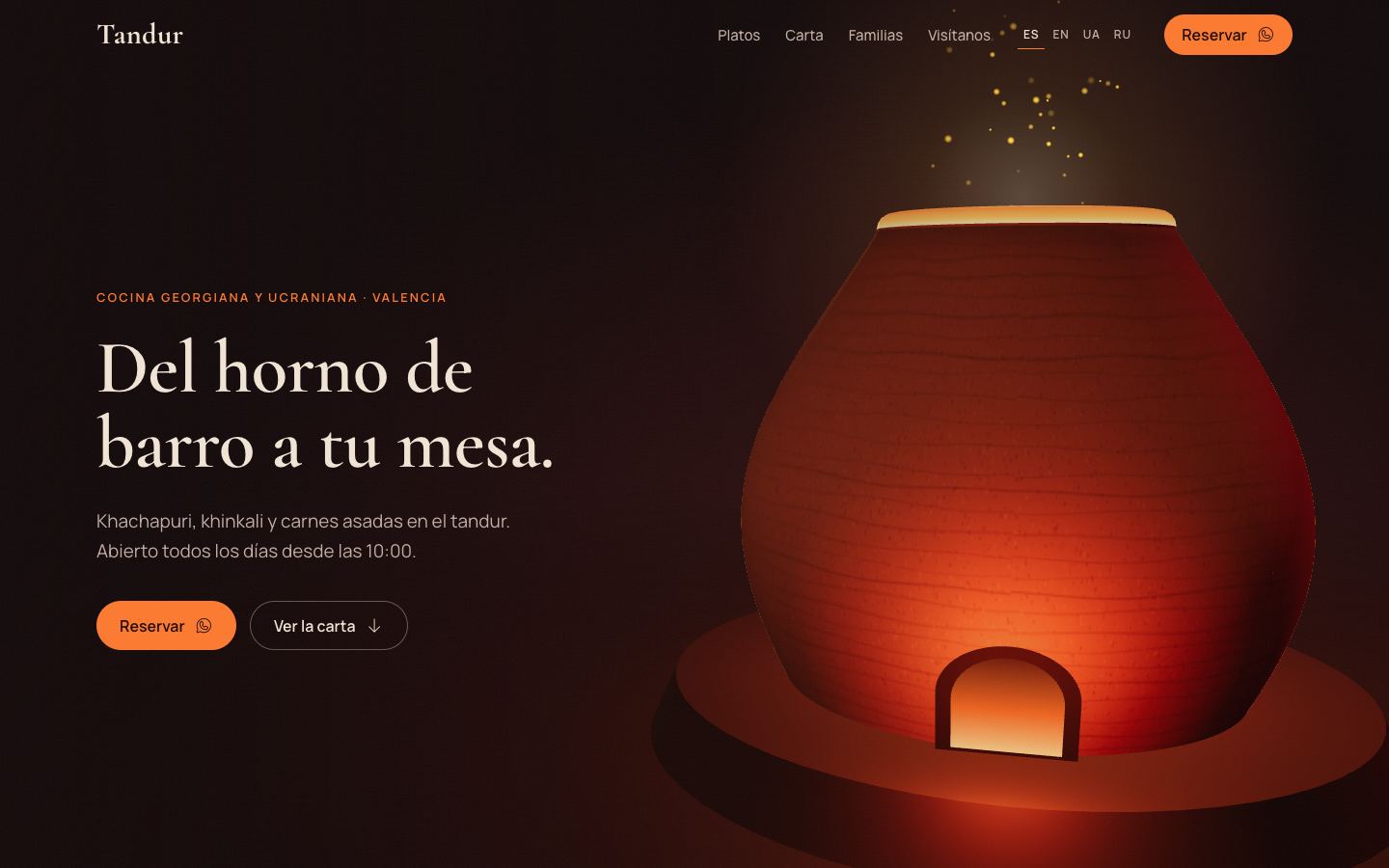 Tandur restaurant website with a glowing 3D clay oven