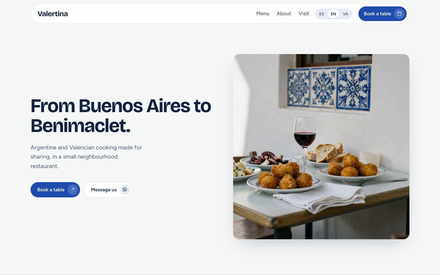 Valertina restaurant website, home screen